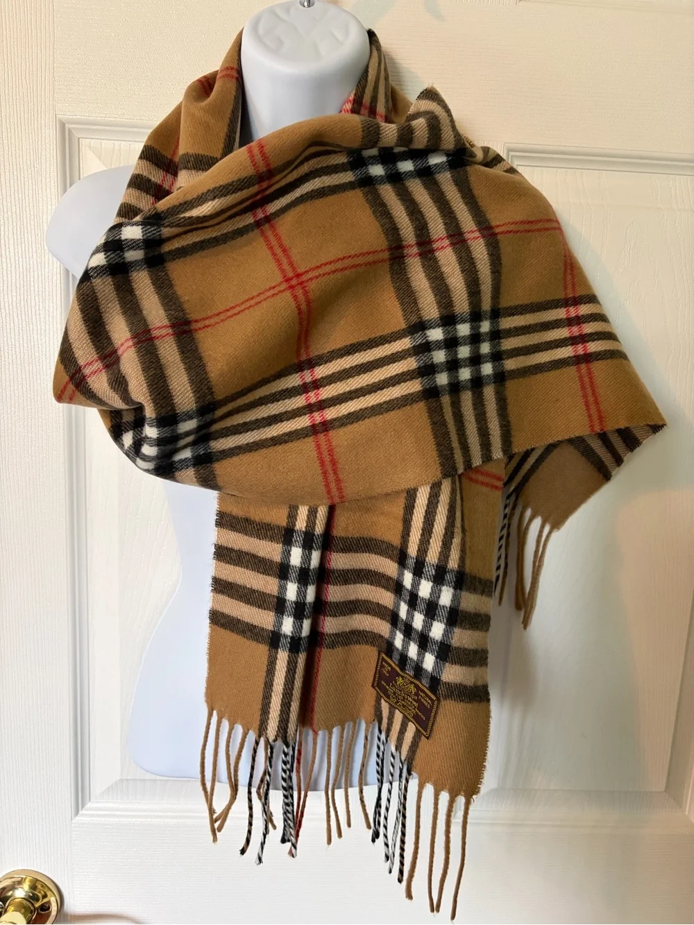 Lambswool Nova CheckTan Plaid Fringed Scarf Made in Italy